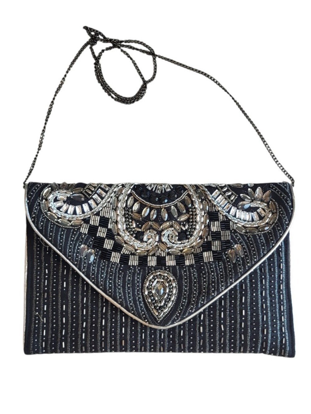 Black Silver Embellished Beaded Evening Clutch Bag Ornate Statement Purse